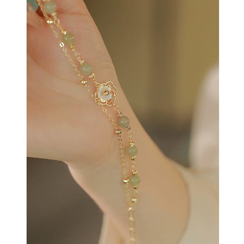 EverestArtStudios 14K Gold Plated Jade Butterfly Tridacna Stone Flower Double Layer Luck Bracelet