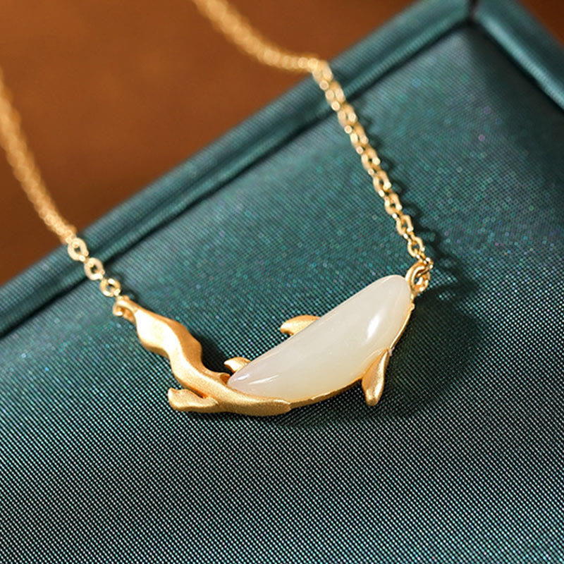 EverestArtstudios 925 Sterling Silver White Jade Dolphin Luck Necklace Pendant