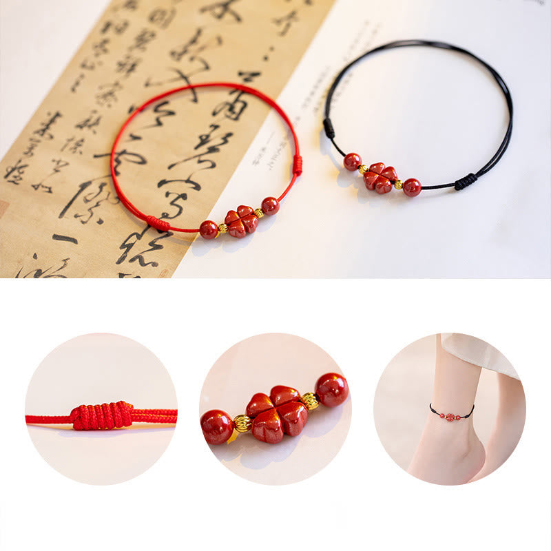 EverestArtstudios Four Leaf Clover Cinnabar Blessing Calm String Bracelet Anklet