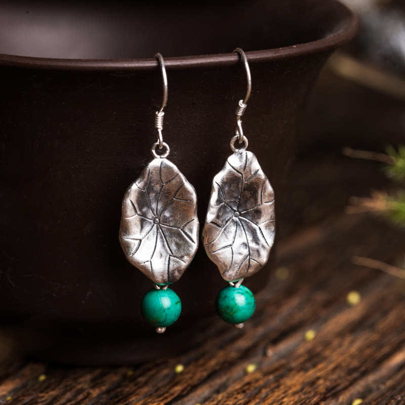EverestArtStudios 925 Sterling Silver Turquoise Lotus Leaf Protection Drop Dangle Earrings