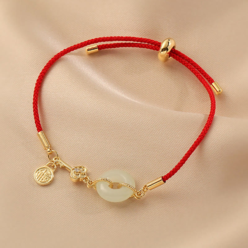 EverestArtstudios 18K Gold Plated Hetian Jade Peace Buckle Fu Character Luck Red Rope Bracelet