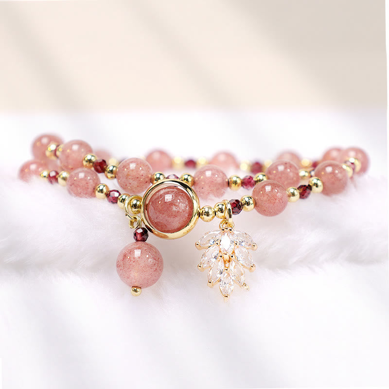 EverestArtstudios Natural Strawberry Quartz Love Healing Maple Leaf Charm Double Wrap Bracelet