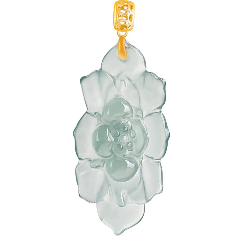 Buddha Stones Natural Jade Lotus Pattern Prosperity Titanium Steel Chain Necklace Pendant