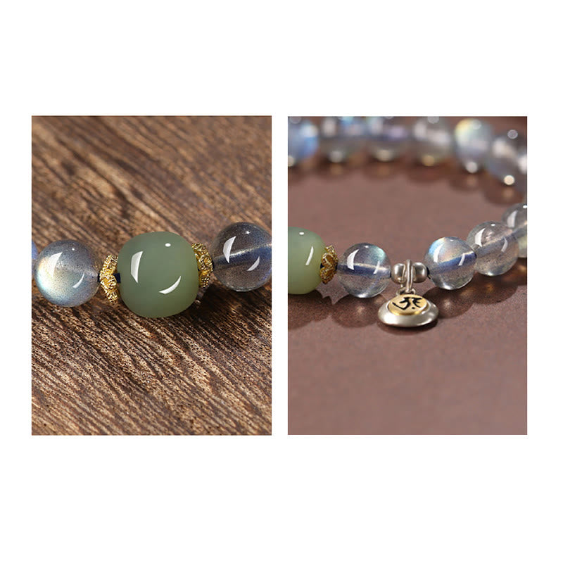 Buddha Stones Chinese Zodiac 925 Sterling Silver Natural Moonstone Hetian Jade Positive Bracelet