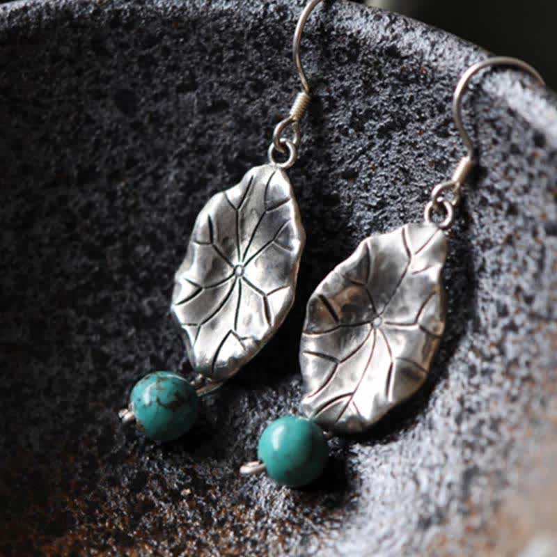 EverestArtStudios 925 Sterling Silver Turquoise Lotus Leaf Protection Drop Dangle Earrings
