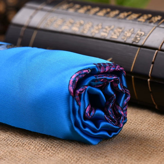 Blue Embroidered Tibetan Khata Scarf with Eight Auspicious Symbol