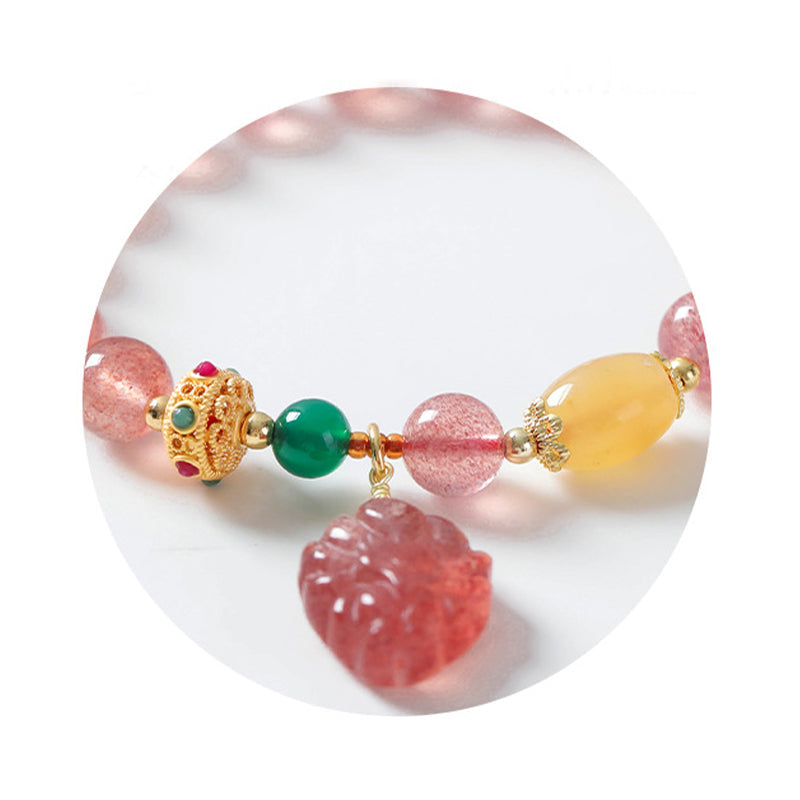 Buddha Stones Natural Strawberry Quartz Nine Tailed Fox Healing Bracelet