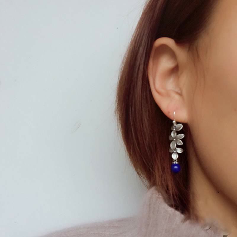 EverestArtStudios 925 Sterling Silver Turquoise Lazurite Lapis Lazuli Flower Leaf Serenity Protection Hook Drop Dangle Earrings