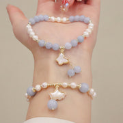 Buddha Stones Natural Aquamarine Pearl Healing Ginkgo Leaf Butterfly Charm Bracelet