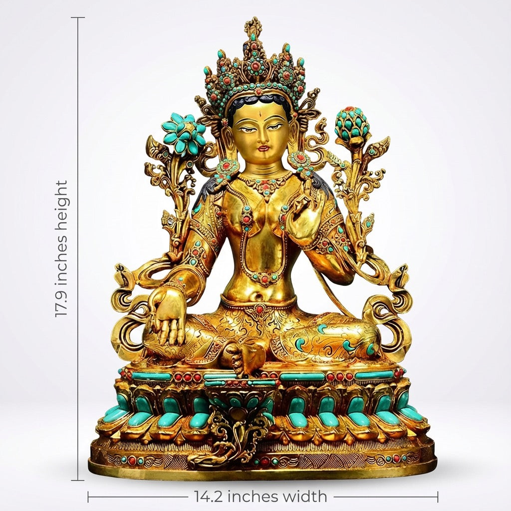 Full Gilded Green Tara Statue | Copper Buddhist Deity with Gem Inlay
