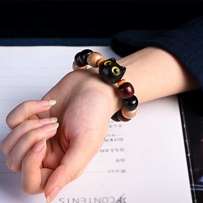 EverestArtStudios Small Leaf Red Sandalwood Ebony Wood Cute Cat Engraved Protection Bracelet
