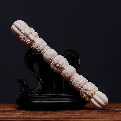 EverestArtStudios Natural Reclaimed Mammoth Tooth Vajra Dorje | Hand Carved Tibetan Buddhist Ritual Scepter | Fossil Meditation Altar Tool Gift