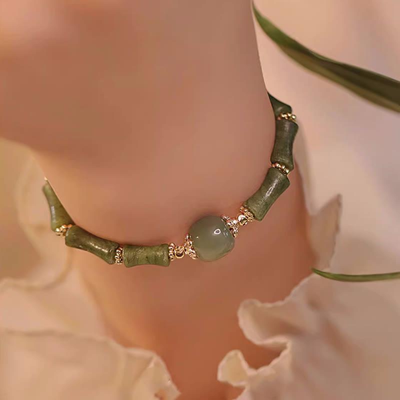 EverestArtStudios 14K Copper Plated Peridot Hetian Jade Bamboo Pattern Luck Bracelet