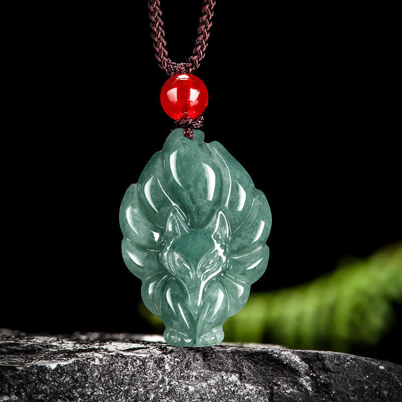 EverestArtstudios Natural Green Jade Nine Tailed Fox Luck Necklace Pendant