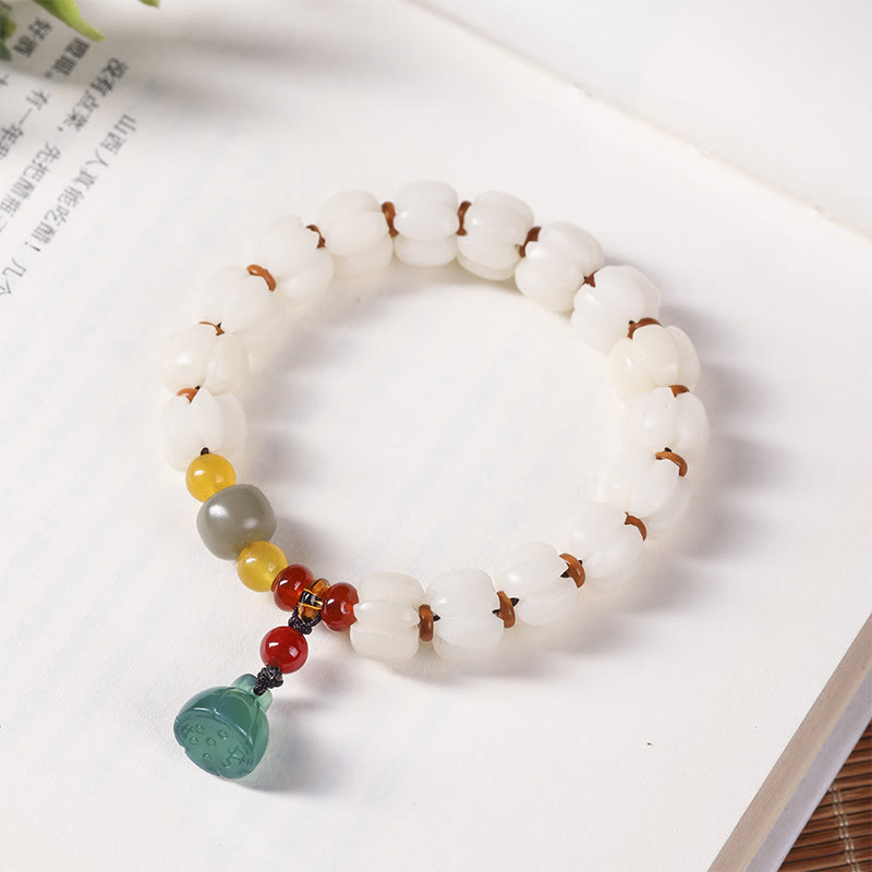 Buddha Stones Natural Bodhi Seed Red Agate Bodhi Calm Harmony Engraved Pumpkin Bead Lotus Bracelet