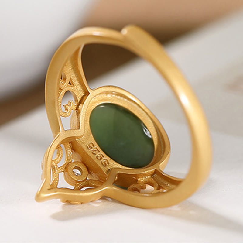 EverestArtstudios Gourd Cyan Jade Copper Coin Success Luck Adjustable Ring