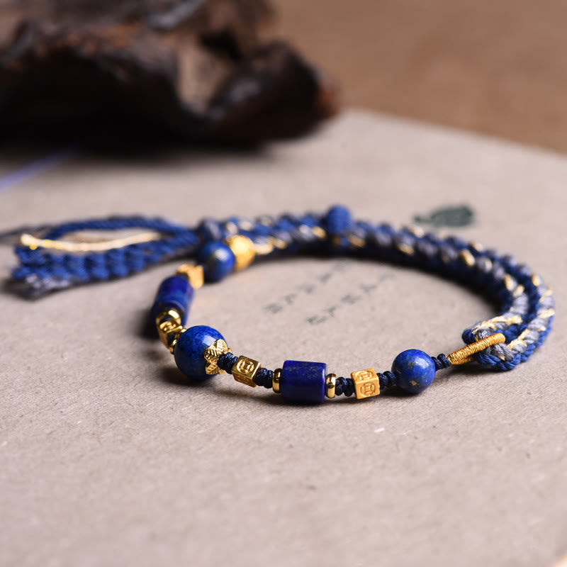 Buddha Stones Handmade Natural Lazurite Lapis Lazuli Bead Positive Rope Bracelet
