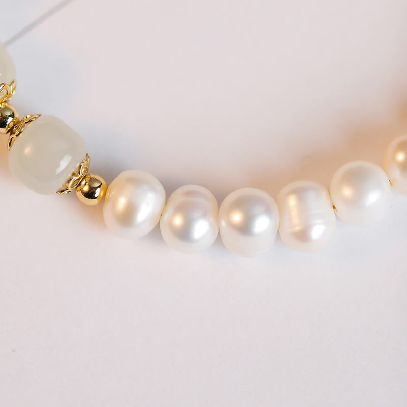 Buddha Stones 14K Gold Plated Natural Pearl Hetian Cyan Jade White Jade Sincerity Bead Chain Bracelet