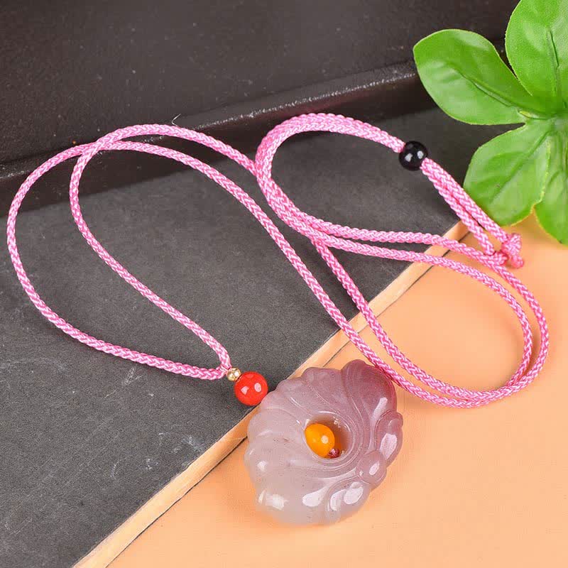 EverestArtstudiosPink Golden Silk Jade Lotus Flower Wealth Necklace Pendant