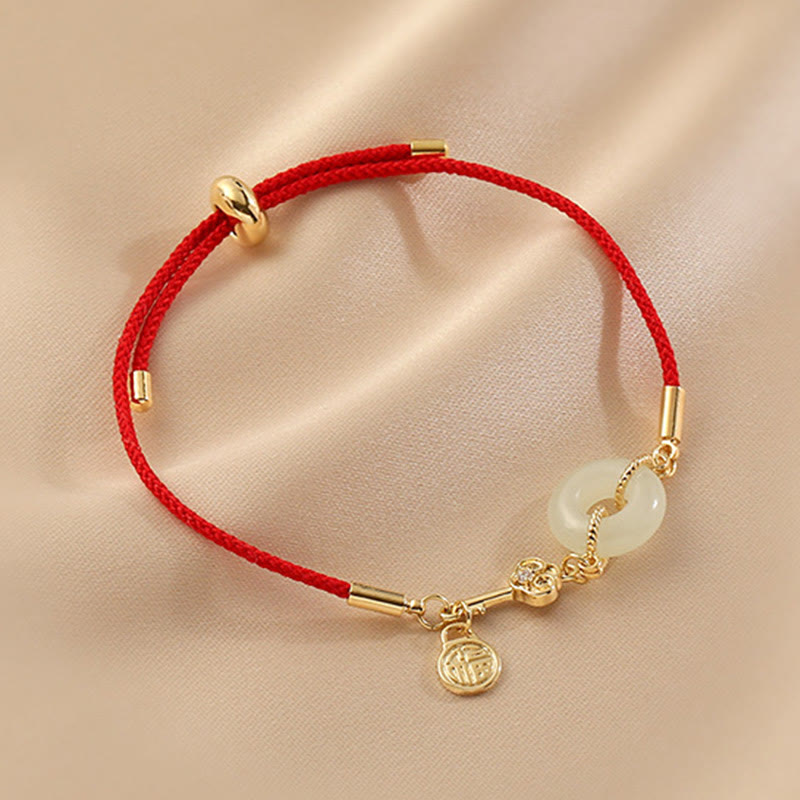 EverestArtstudios 18K Gold Plated Hetian Jade Peace Buckle Fu Character Luck Red Rope Bracelet