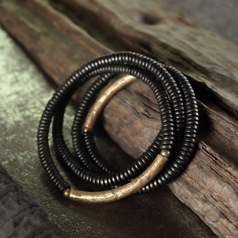Buddha Stones Ebony Wood Brass Copper Balance Multilayered Bracelet