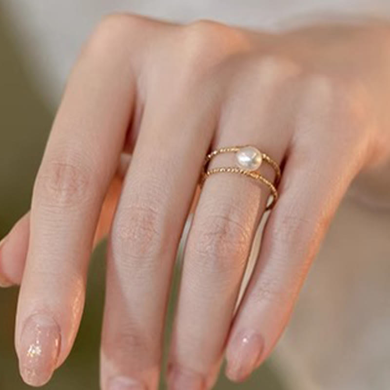 EverestArtstudios Round Jade Pearl Bead Double Layer Copper Luck Adjustable Ring