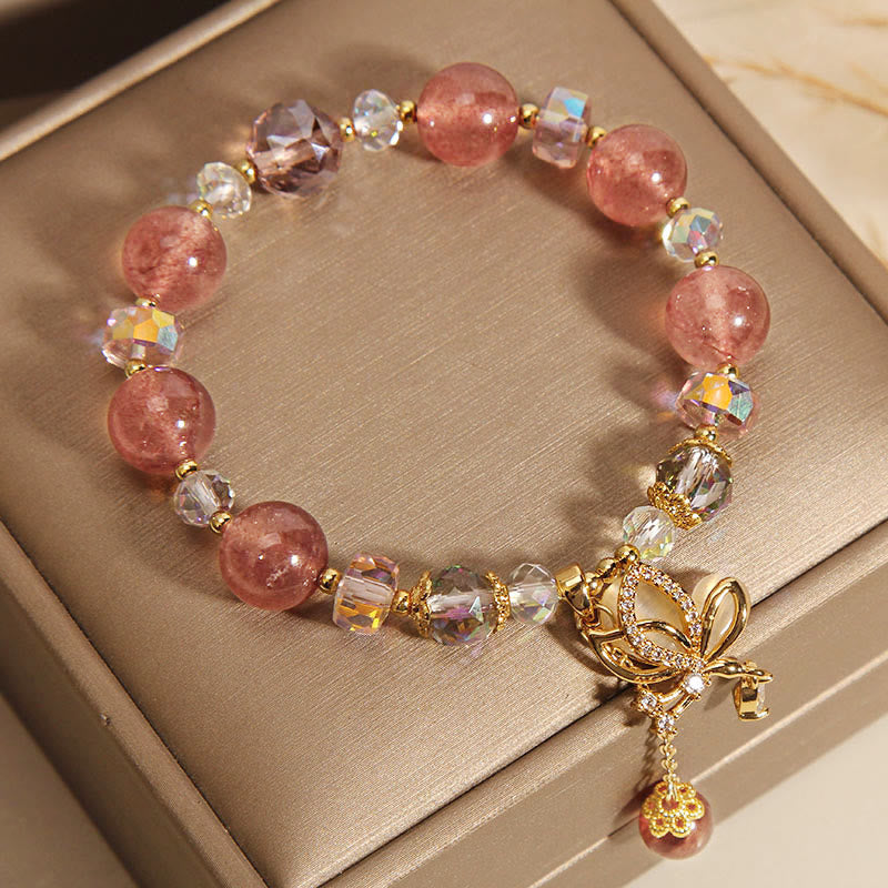 EverestArtStudios Natural Strawberry Quartz Healing Positive Butterfly Charm Bracelet