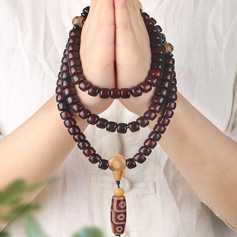 EverestArtstudios 108 Mala Beads Three-eyed Dzi Bead Nine-eye Dzi Bead Jade Luck Bracelet