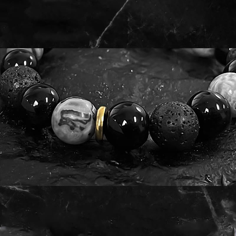 EverestArtStudios Black Obsidian Lava Rock Stone Yin Yang Strength Bracelet