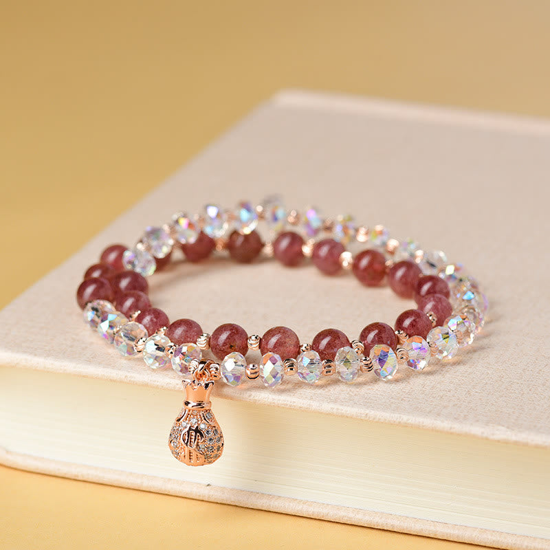 EverestArtStudios Strawberry Quartz White Crystal Money Bag Charm Positive Bracelet