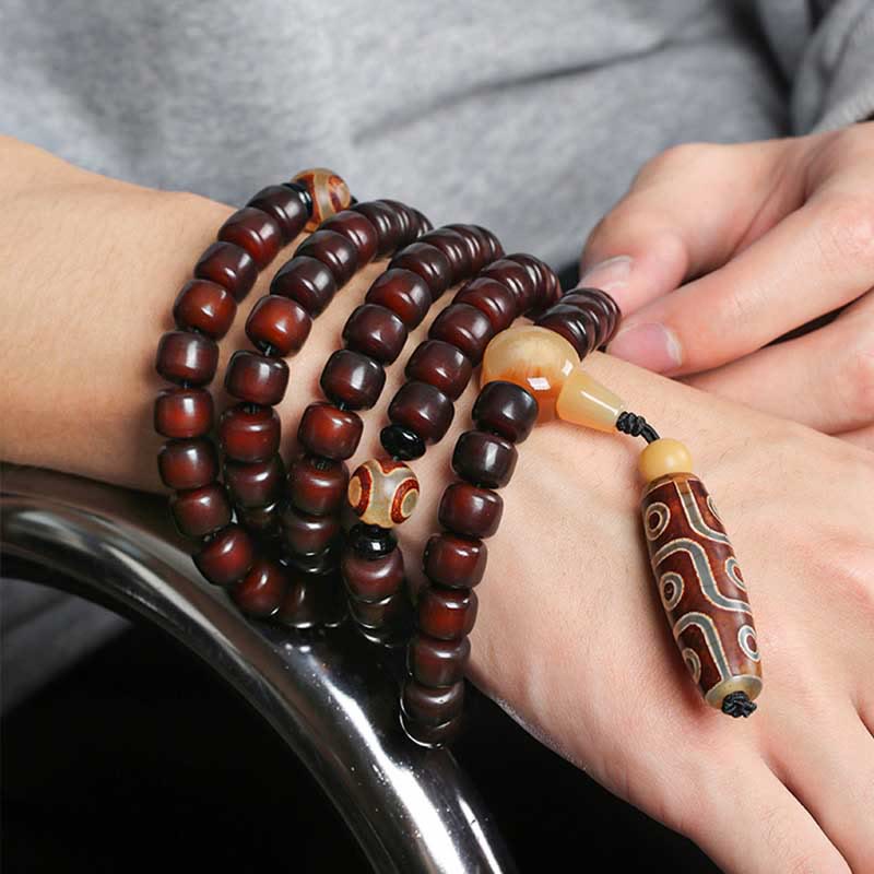 EverestArtstudios 108 Mala Beads Three-eyed Dzi Bead Nine-eye Dzi Bead Jade Luck Bracelet