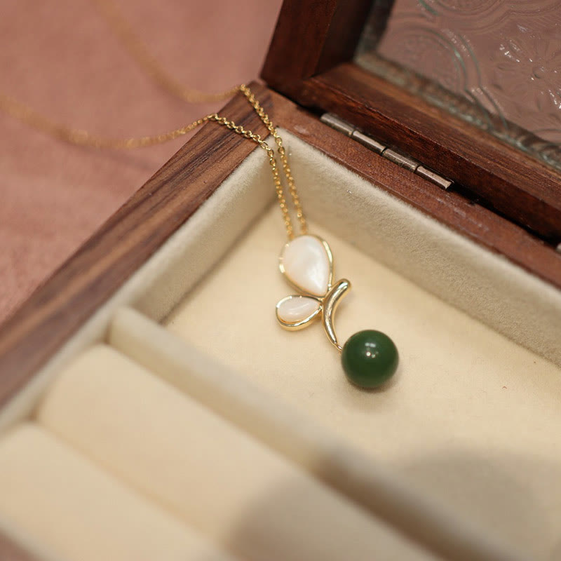 EverestArtstudios Natural Butterfly Tridacna Stone Cyan Jade Copper Plated Gold Calm Necklace Pendant Ring Earrings Set