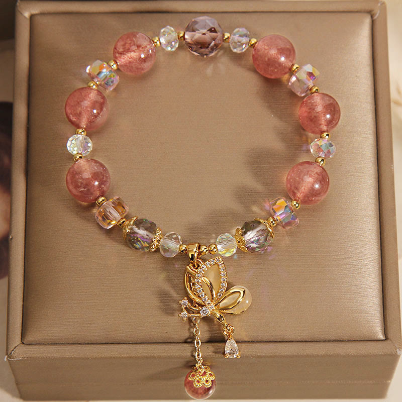 EverestArtStudios Natural Strawberry Quartz Healing Positive Butterfly Charm Bracelet