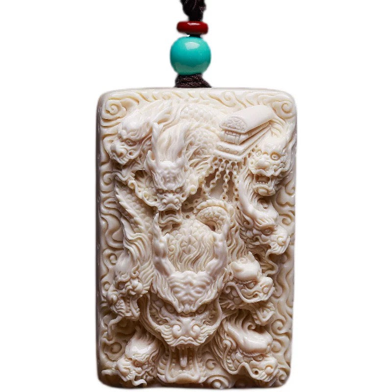 EverestArtStudios Natural Reclaimed Mammoth Ivory Nine Dragons Pendant, Hand Carved Dragon Amulet Necklace, Fortune Talisman Gift