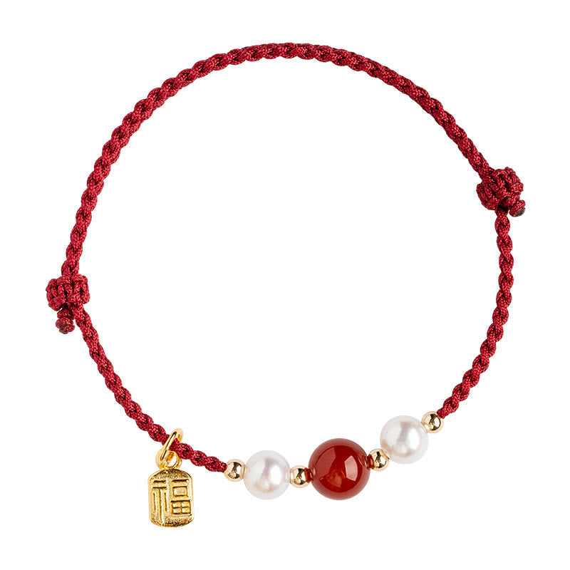 EverestArtstudios 925 Sterling Silver Good Fortune Fu Character Agate Pearl Red String Braid Bracelet