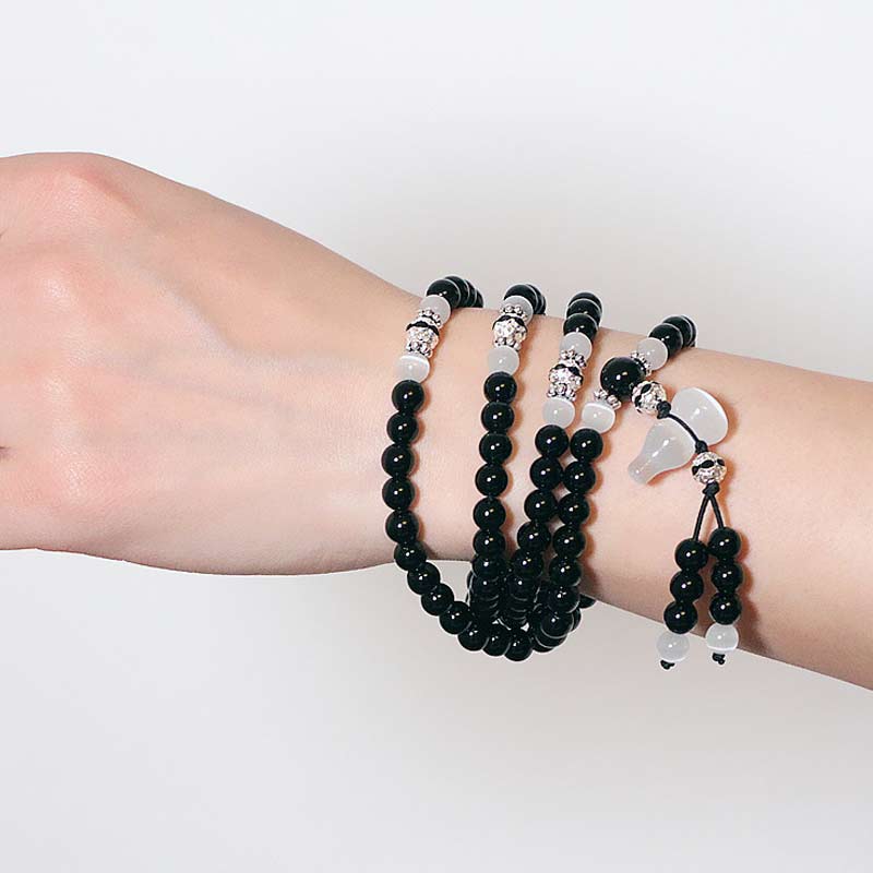 Buddha Stones Black Onyx White Crystal Bead Meditation Bracelet