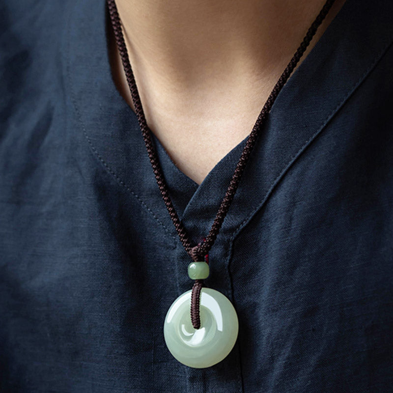 EverestArtstudios Natural Round Jade Peace Buckle Luck Prosperity Necklace Pendant