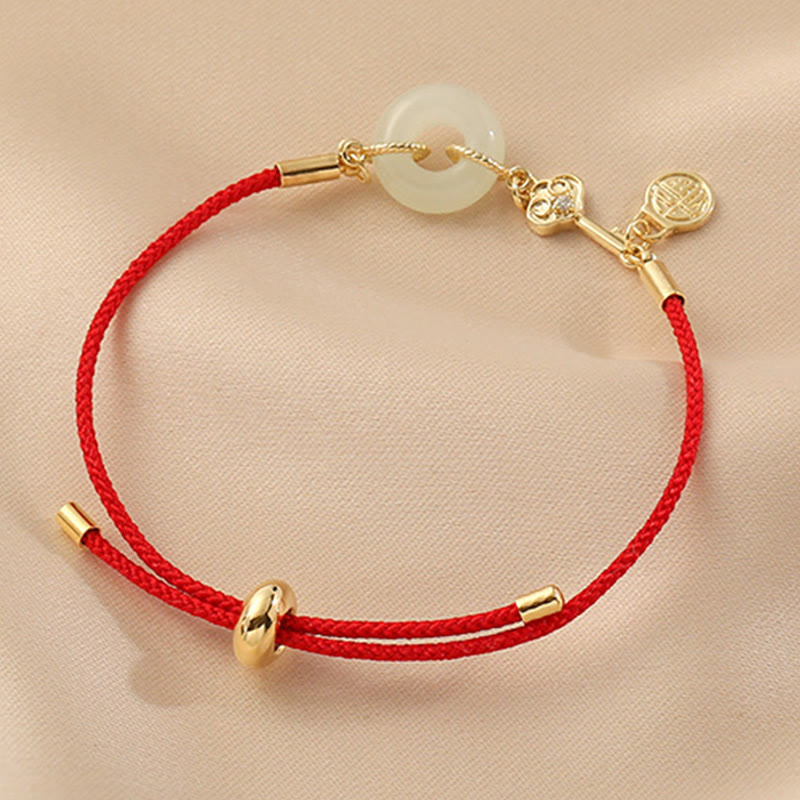 EverestArtstudios 18K Gold Plated Hetian Jade Peace Buckle Fu Character Luck Red Rope Bracelet