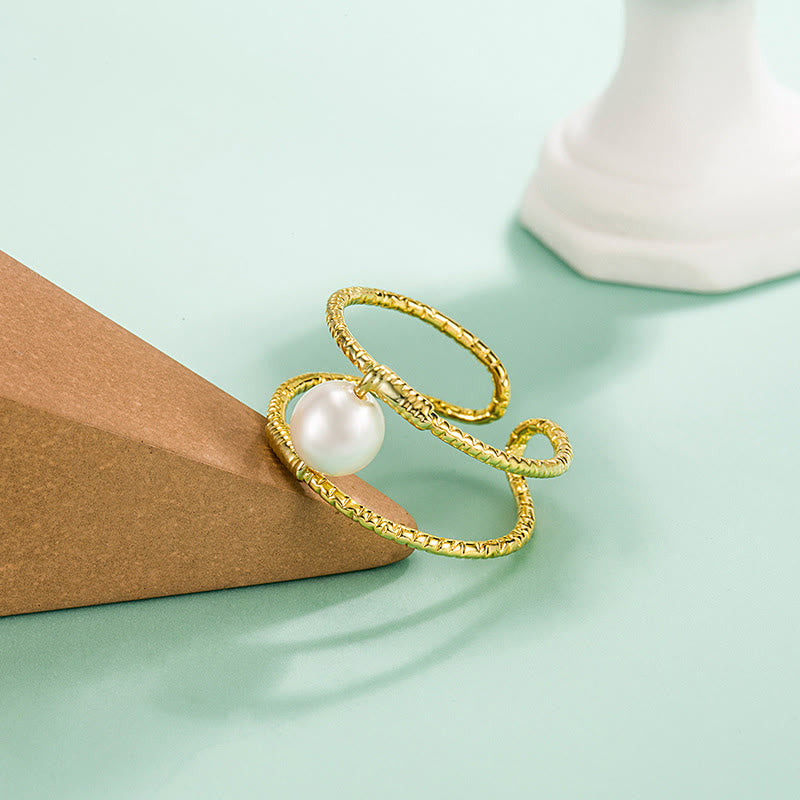 EverestArtstudios Round Jade Pearl Bead Double Layer Copper Luck Adjustable Ring