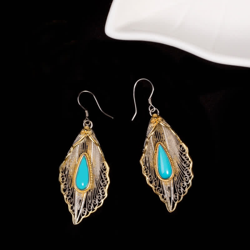 EverestArtStudios 925 Sterling Silver Turquoise Bodhi Leaf Pattern Protection Drop Dangle Earrings