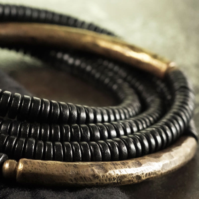 Buddha Stones Ebony Wood Brass Copper Balance Multilayered Bracelet