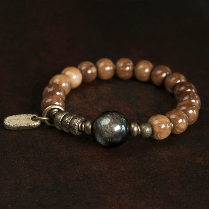 Buddha Stones Kuka Seed Tiger Eye Gold Sheen Obsidian Brass Copper Wealth Luck Bracelet