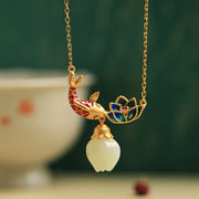 Buddha Stones White Jade Koi Fish Lotus Copper Protection Necklace Pendant