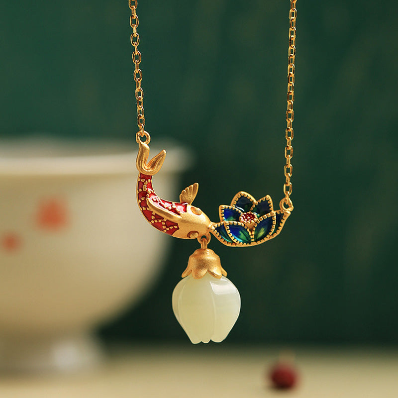 Buddha Stones White Jade Koi Fish Lotus Copper Protection Necklace Pendant