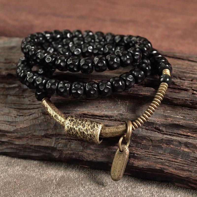 Buddha Stones Retro Coconut Shell Brass Copper Happiness Triple Wrap Bracelet
