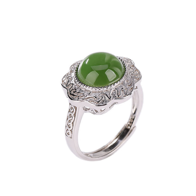 EverestArtstudios 925 Sterling Silver Hetian Cyan Jade Flower Design Luck Adjustable Ring