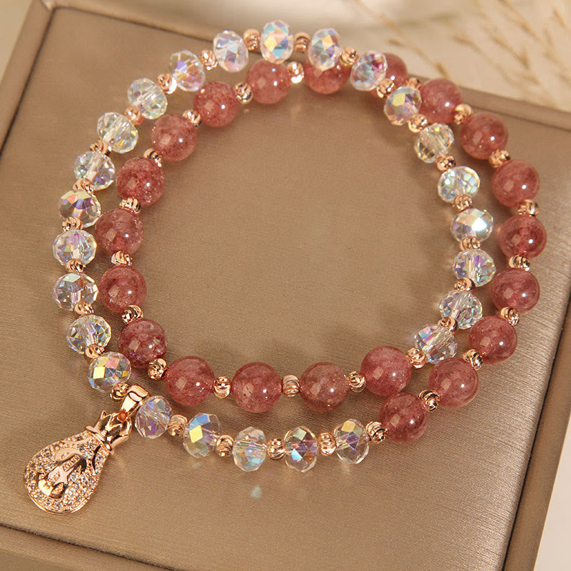 EverestArtStudios Strawberry Quartz White Crystal Money Bag Charm Positive Bracelet