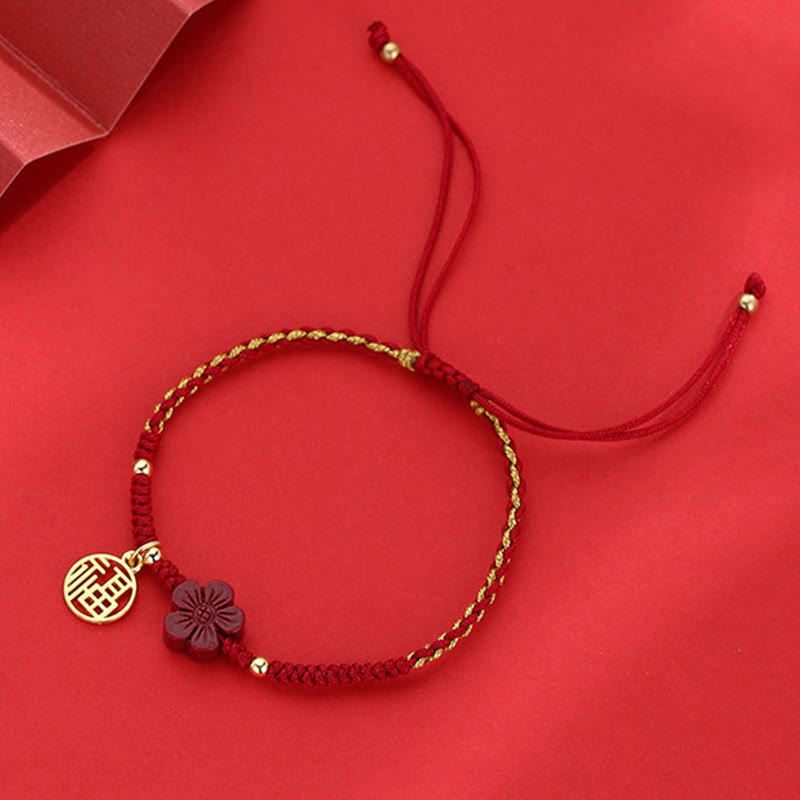 EverestArtstudios Cinnabar Flower Fu Character Blessing Braided String Bracelet