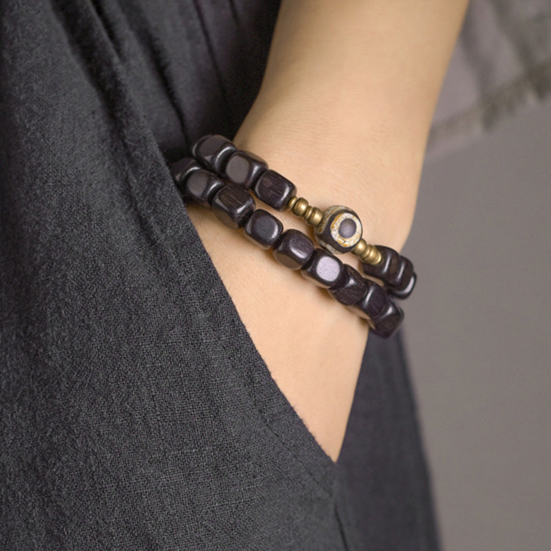 Buddha Stones Ebony Wood Dzi Bead Copper Peace Couple Bracelet