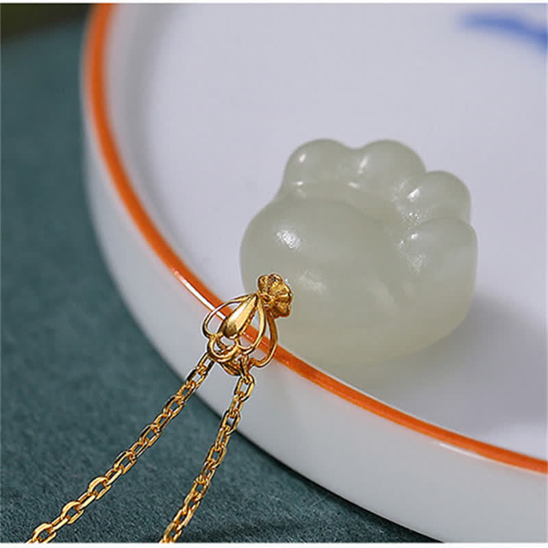 EverestArtstudios 925 Sterling Silver Hetian White Jade Cute Cat Paw Luck Necklace Pendant